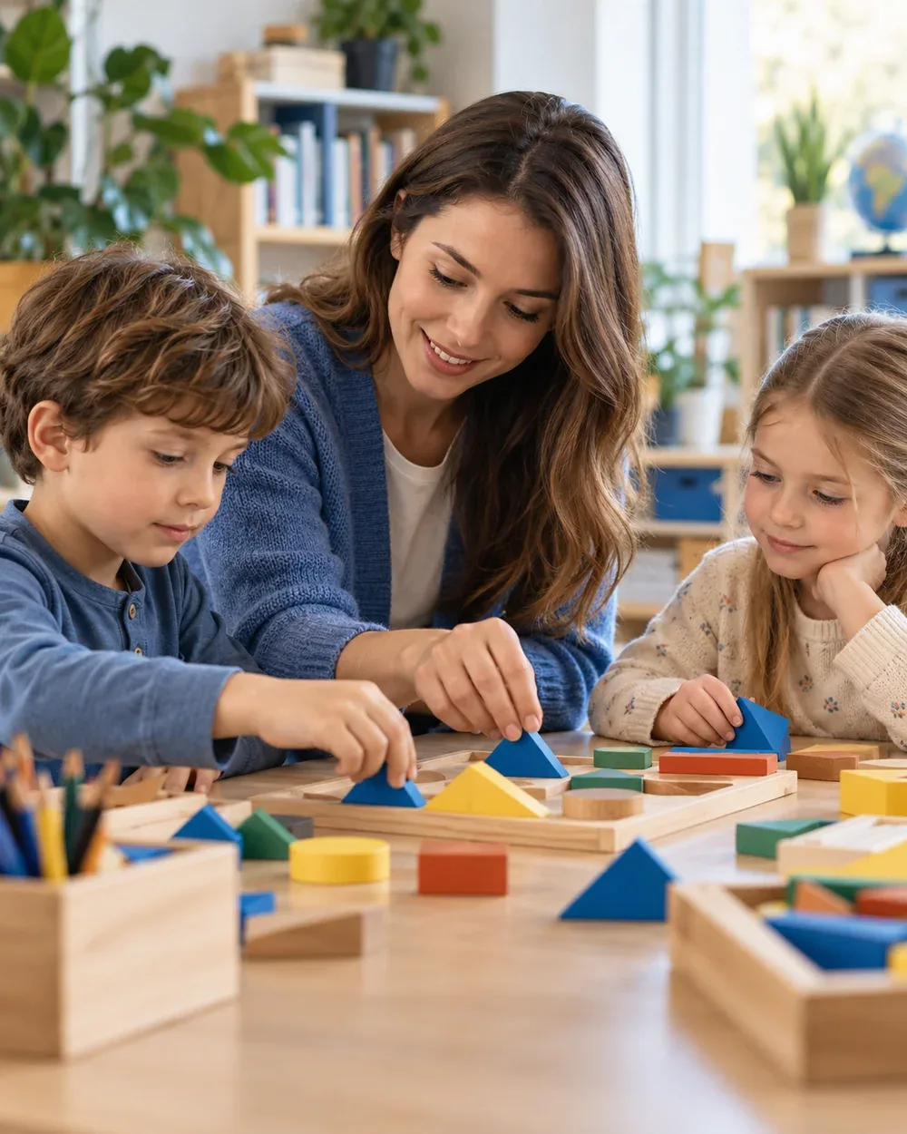 Pedagogika — edukatorka i dzieci podczas zabawy edukacyjnej — ilustracja AI