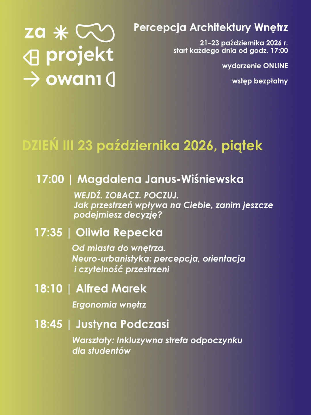 Program Zaprojektowanych 2026 — 23 października; pełne godziny, nazwiska i tematy znajdują się powyżej